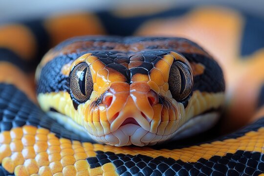 Extreme macro photo of a ball python head with sharp focus on its detailed eyes and scales. Vibrant orange and black patterns make it ideal for wildlife, exotic pet, and biology concepts.