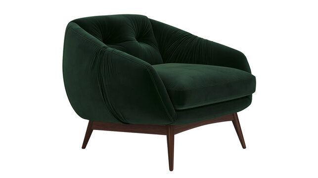 Dark green velvet armchair with tufted back and wooden legs