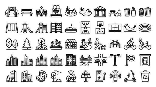 Smart city infrastructure and urban park recreation line icon mega set featuring buildings playground transit landscaping and green energy symbols