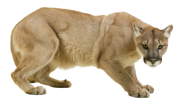 Cougar crouching with tan fur and green eyes