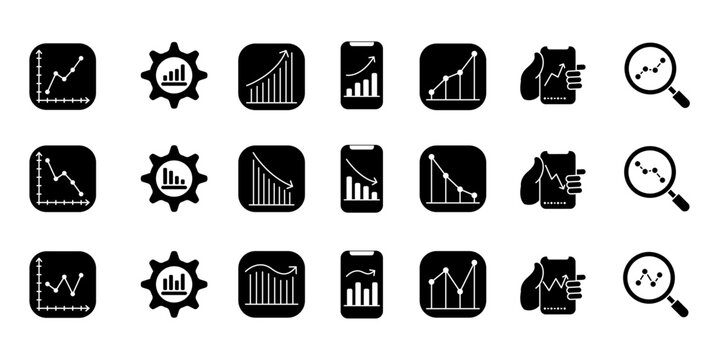 Solid black business chart icon set with upward, downward, and fluctuating trends. Premium financial analytics glyph vector.