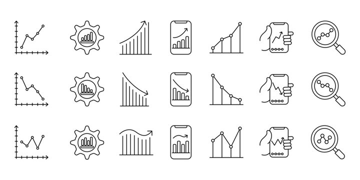 Business graph line icon set showing bullish, bearish, and volatile trends. Financial analytics graphic vectors for data analysis.