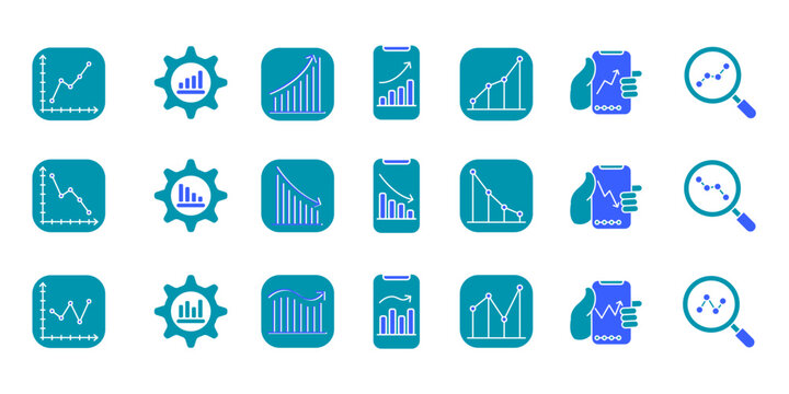 Premium dual color glyph chart icon set. Solid business graph vector collection with upward, downward, and fluctuating market analytics.