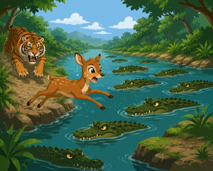 A frightened mousedeer stands at the edge of a jungle river, desperately searching for a way to cross as a fierce tiger closes in from behind. The river is filled with numerous crocodiles watching.  © Rani