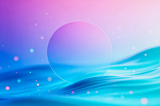 A minimalist abstract digital artwork featuring a gradient sphere and flowing waves in soft pastel hues with delicate bokeh elements.