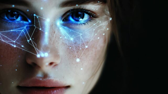 A close-up of a woman with starry eyes makeup against blurred background.