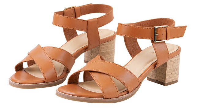 Brown leather criss-cross strap block heel sandals
