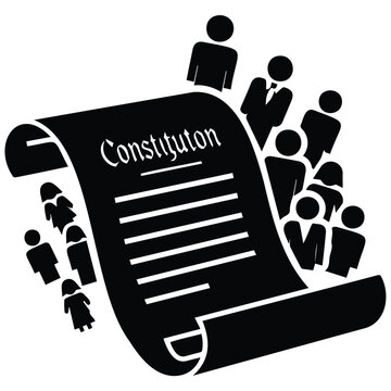 Constitution scroll silhouette vector illustration with diverse people crowd surrounding.
