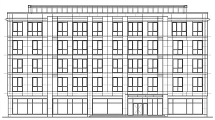 Fototapeta premium Classical Commercial Building Elevation Drawing – Multi-Story Facade Architectural Blueprint 