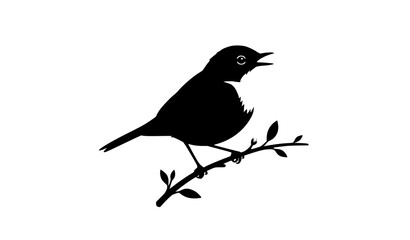 Obraz premium Singing American Robin Bird Silhouette Perched on Tree Branch with Leaves for Wildlife Nature and Logo Designs