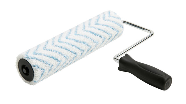 Paint roller with blue chevron pattern on white fabric and black handle