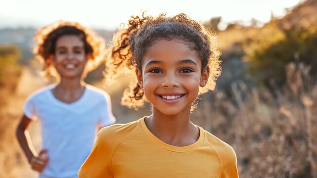selective focus joyful kids of different body types running and laughing
