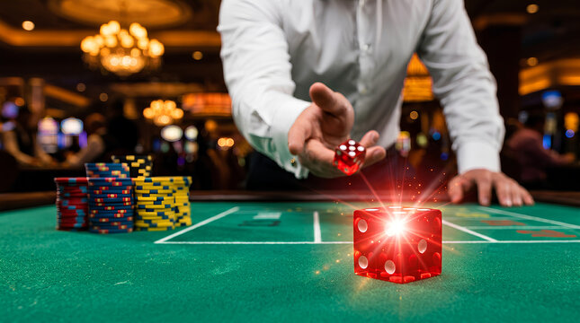 Exciting Lucky Dice Roll at Casino Table with Stacks of Colorful Poker Chips on Green Felt