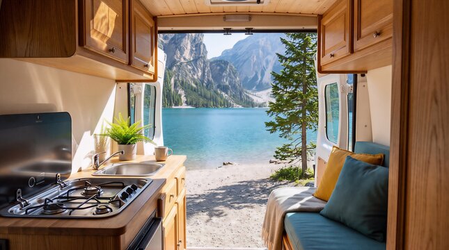 Scenic view of a turquoise alpine lake and mountain peaks seen from inside a cozy camper van conversion with wooden interior and kitchen area roadtrip mountain