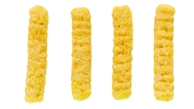 Four crunchy corn puff snacks with ribbed texture