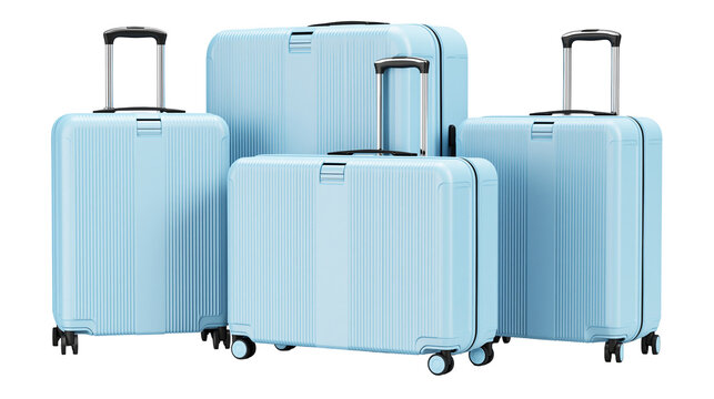 Set of four light blue ribbed suitcases with wheels and telescopic handles