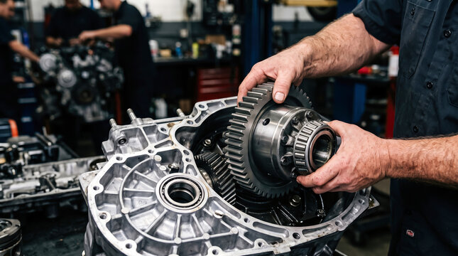 A mechanic works on an engine part in a workshop during the day. Tools and machinery are present as other workers assist with repairs. Teamwork is evident