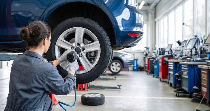 A mechanic is using a tool to work on a car wheel in an auto repair shop. The shop is bright and has several cars in the background. Staff are busy with other tasks