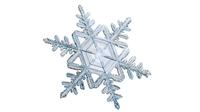 Intricate ice crystal snowflake with six symmetrical arms