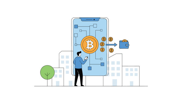 Digital banking concept showing a man interacting with a smartphone screen displaying bitcoin transactions being transferred into a wallet.