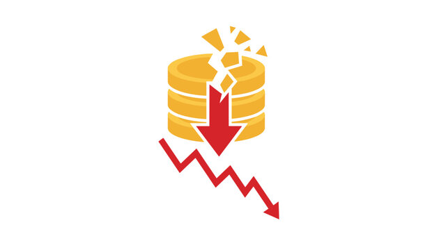 Financial decline concept showing a stack of gold coins breaking apart with a red downward trending arrow and a descending graph chart.
