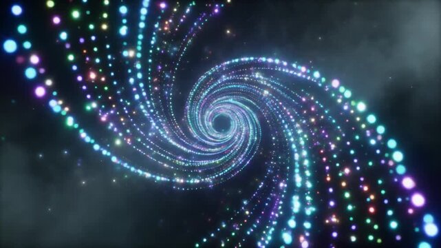 暗い霧の中で渦巻く粒子の光の流れ、集まって広がる無数の小さな光