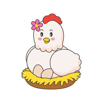 Cute hen, cartoon chicken, vector hen on white background.