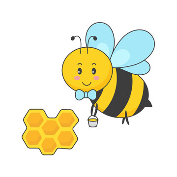 Cute bee, cartoon honeybee, vector bee on white background.