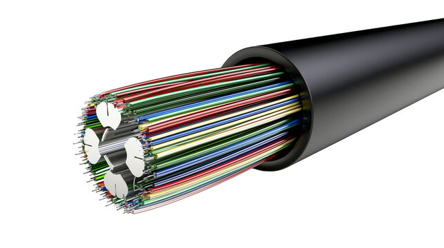 Bundle of colorful fiber optic cables emerging from black protective sheath