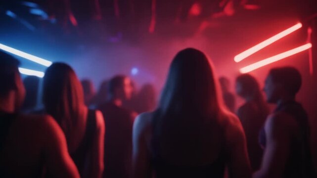 深い赤の照明に照らされた親密で暗い雰囲気のアンダーグラウンドクラブで踊るダンサーたちの後ろ姿
