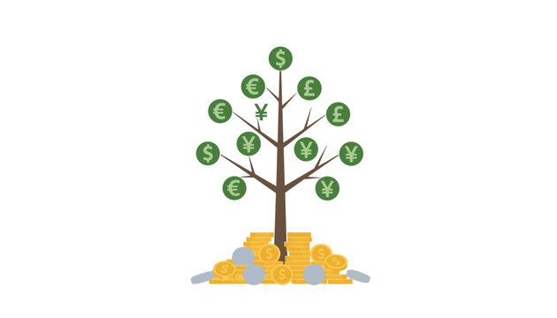 Tree of international currency symbols growing out of pile of golden coins and silver money representing wealth and global finance.