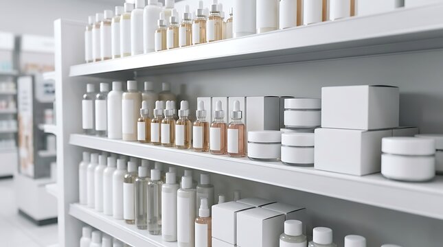 Many cosmetic bottles and skincare jars on shelves in a bright modern beauty shop store interior. discounted cosmetic packs