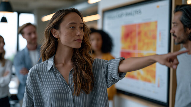 Colombian data analyst in open plan office points to a wall-mounted skills gap analysis visualization, heat map quadrants showing department-wide competency shortfalls while