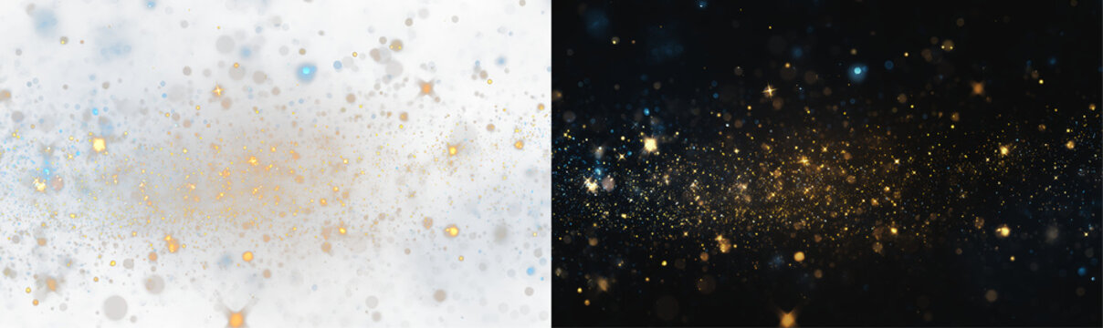 Golden glitter particles on white and black background set