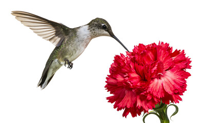 Naklejka premium Hummingbird approaching vibrant red carnation flower