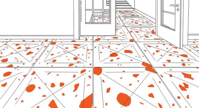 Blood splatter on white floor.
