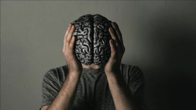 A man in a gray shirt holding his head, depicting frustration or headache.