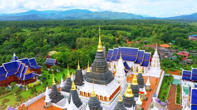 An aerial view of Wat Ban Den, which is a beautiful temple located in Chiang Mai, Thailand.