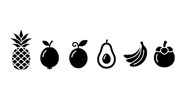 Minimal tropical fruit icon collection with pineapple guava passion fruit avocado banana and mangosteen black silhouettes isolated on white