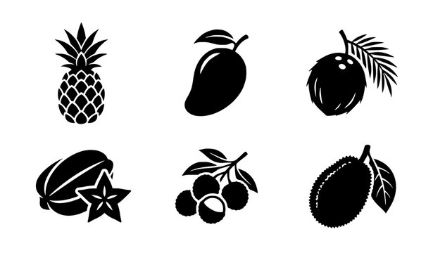Premium black tropical fruit silhouette vector pack featuring pineapple mango coconut star fruit lychee and jackfruit isolated on white background