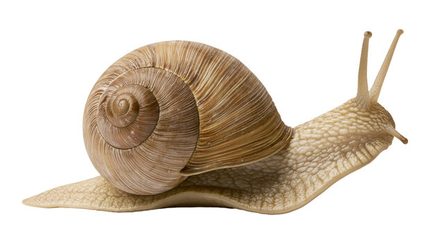 Garden snail with spiral shell moving on white surface