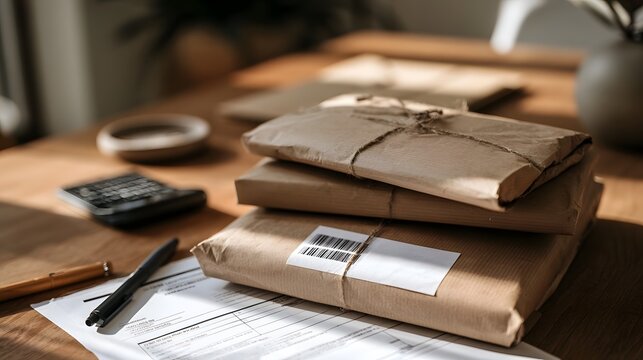 Stack of brown paper packages tied with twine and labeled for shipping  resting on documents beside a pen and calculator