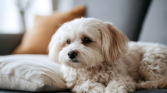 A small fluffy dog rests comfortably on a cushioned sofa in a softly lit indoor setting with warm tones
