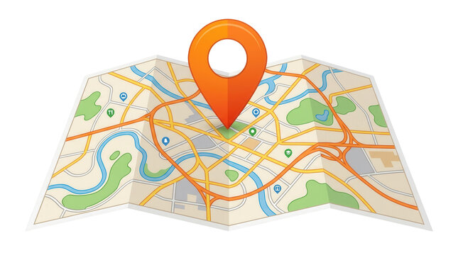 A colorful map with a large orange location pin on a transparent background, indicating a specific point of interest on a city map with roads and green areas