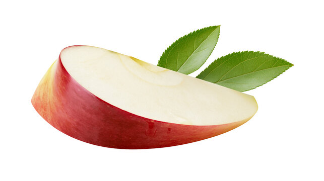 Red apple slice with two green leaves