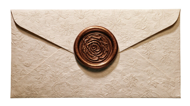 Textured envelope with embossed floral pattern sealed with rose wax stamp