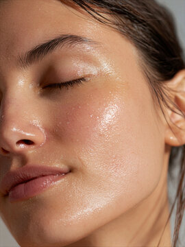 Close-up of a woman with glowing skin during a morning skincare routine