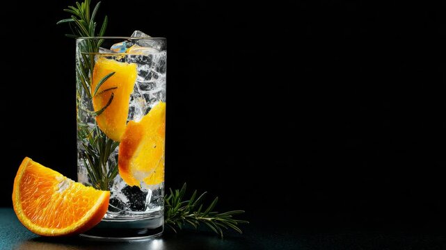 A close-up shot of a tasty orange cocktail served in a glass filled with ice and garnished with fresh leaves. Perfect for any occasion or summertime treat.
