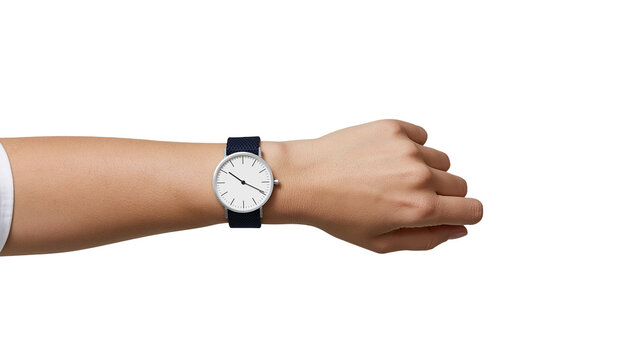 Minimalist white dial watch with dark blue fabric strap on a person s wrist