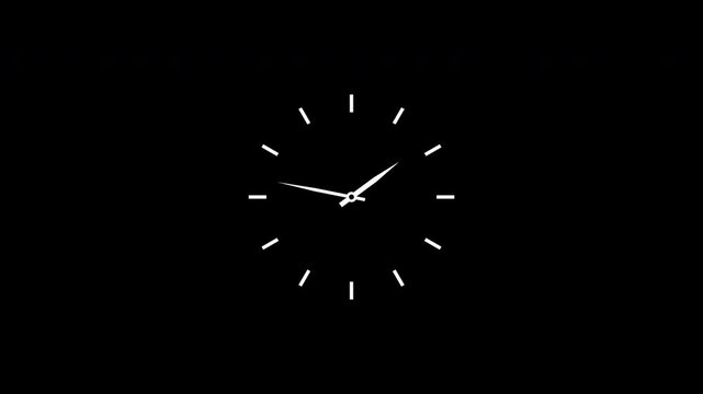 Clock spinning, watch animation on transparent black background. Clock icon flat style 24 hours day fast speed with moving timer clock rotation. Clock icon animation. 4K video